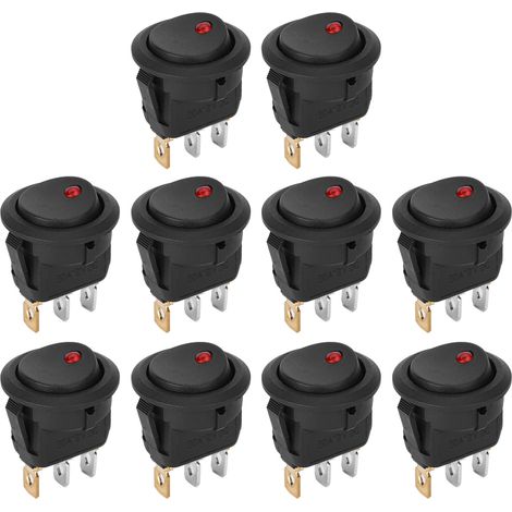 10 interrupteurs à bascule ronds ON/OFF 12V étanches SPST avec projecteur LED, borne argentée, 3 broches (1/5)
