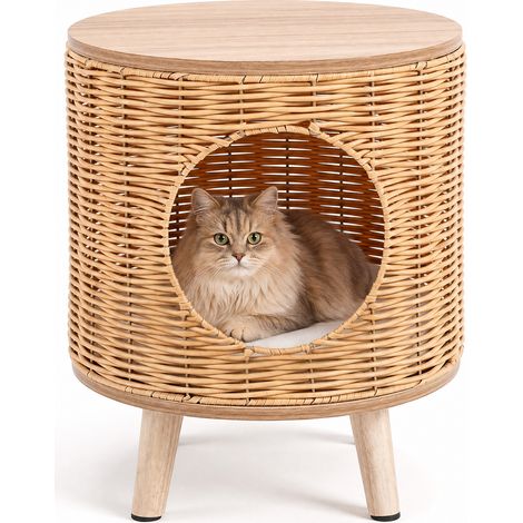 Meuble Chat 2 en 1, Panier Lit et Table d'Appoint, 36x36x41 cm Niche Chaton d'Intérieur en Rotin PE, Espace Semi-Fermé avec Coussin Amovible (1/5)