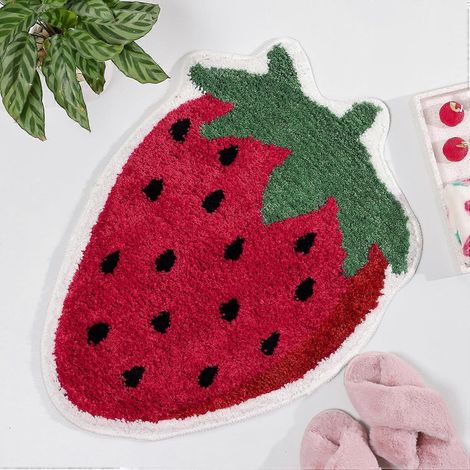Tapis de bain en forme de fraise, luxueux, absorbant et antidérapant, rouge, 40 x 60 cm (1/5)