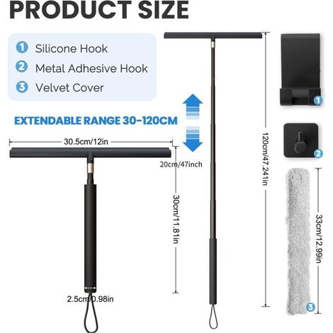 Raclette de Douche 120CM, Telescopique Raclette Vitre avec Microfibres, Raclette Professionnelle avec Manche Long, Kit de Raclette de Nettoyage de Fenêtre 2 en 1 pour Salle de Bain (Noir)