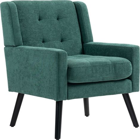 Poltrona imbottita in lino verde con capitonné e gambe in legno per salotto o ufficio HOMVRA (1/5)