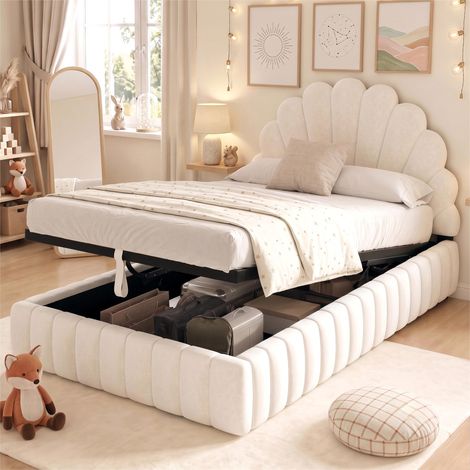 Modernluxe - Lit enfant coffre rembourré 90 x 200 cm - Tête de lit capitonnée en forme de pétale - Sommier à lattes - Velours - Beige (sans matelas)