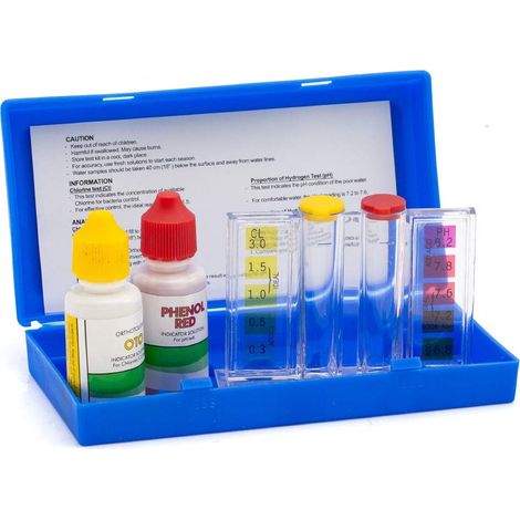 Zwei-in-Eins-Pooltestset: Oto- und Phenolrot-Testlösungen zur Aufrechterhaltung des chemischen Gleichgewichts des Poolwassers.