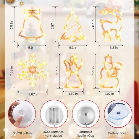 Juego de 6 luces LED navideñas con ventosa - Luces de ventana con ventosa - Luces navideñas colgantes - Luces de cortina a pilas para decoración de ventanas