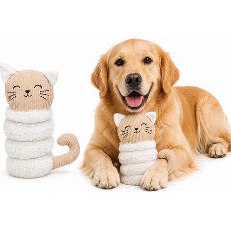 Jouet Chien - Chat Beige - Peluche côtelée - avec couineur - 15 x 8 x 22 cm (1/2)