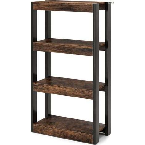 Bibliothèque en bois 4 niveaux avec doubles kits anti-basculement - marron rustique (1/5)