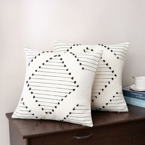 Lot de 2 Housse Coussin 45x45cm, Coussin Decoratif Boheme Taie d'oreiller Carrée Tissée Moderne Pour Canapé Chambre Salon, Noir et Blanc (1/4)