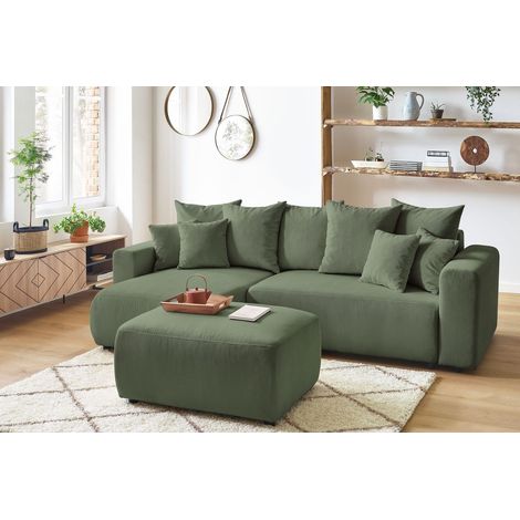 Bobochic – Canapé d'angle réversible convertible coffre – 4 places – Velours côtelé vert – Pouf inclus – Dimensions 282x153cm (1/5)