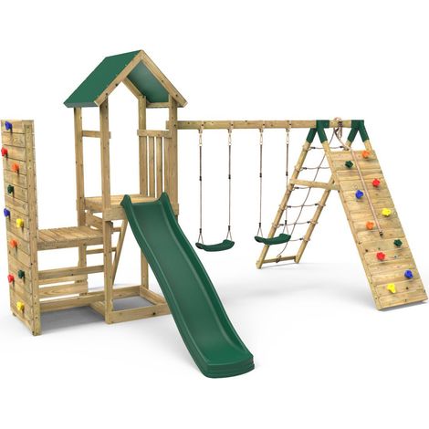 Rebo Wooden Climbing Frame with Vertical Rock Wall, Swing Set and Slide - Greenhorn+