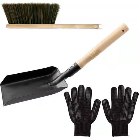 Lntyq Accessoires de feu, accessoires pour poêle à bois, poêle à bois, cheminée, outil de nettoyage de cheminée inclus, ensemble de pelle et brosse de nettoyage des cendres, gants de maison inclus