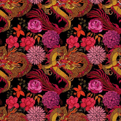 Tela decorativa para exteriores estilo oxford con estampado de dragón en flores rosas. (1/5)