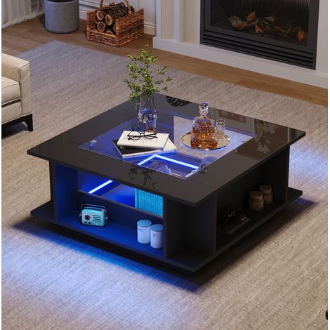Mesa de centro 70x70x30 cm negra en tablero de partículas con vidrio, acabado brillante, LED y almacenaje (1/5)