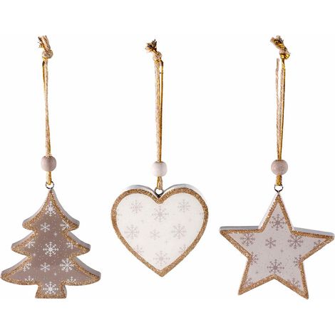 Addobbi albero natalizio in legno decorati da appendere a forma di cuore, albero e stella, set da 9 pezzi, cm 9 x 1,5 x 11 H