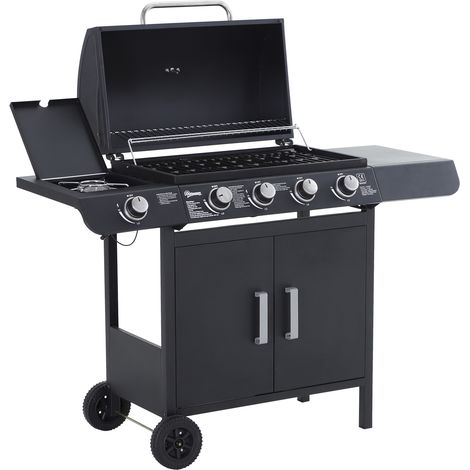 Barbecue a gas a 5 bruciatori con ripiani laterali e mobiletto, in acciaio e polipropilene, 125 x 51 x 100 cm, nero.