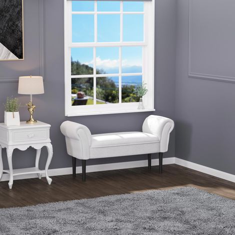Banc rembourré avec tissu voile et accoudoirs, 102 x 36 x 51 cm, cadre en bois, salon et couloir, gris blanc (1/4)