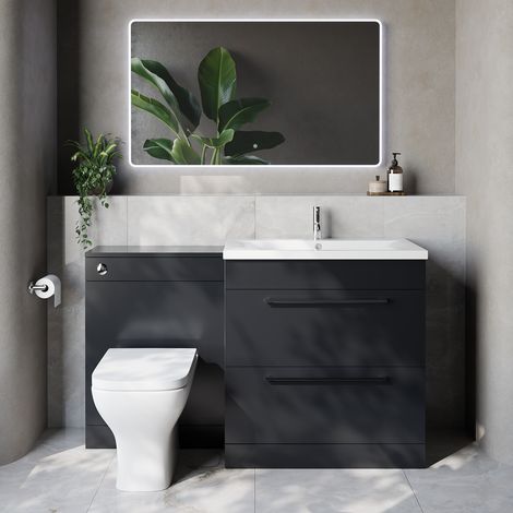 Napoli 460 Cento Gloss Grey 1400mm 2 Drawer Vanity Unit Toilet Suite with Glide Basin - 1400mm - Chrome 480mm HandleWith Kingston Toilet Pan and Seat