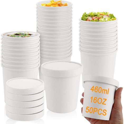 Gobelets Carton Jetables avec Couvercle 460 ml 16 oz, Lot de 50 Bols en Papier Blanc 97 x 75 x 102 mm, Anti-Fuite et Anti-Graisse pour Soupe, Salade, Glace, Boisson et Snack