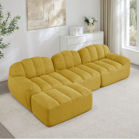 Divano angolare modulare 3 posti in fleece granulato giallo con ottomana, senza struttura, configurazione flessibile (1/5)