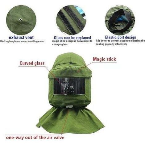 Cloche de sablage, écharpe de sablage, masque anti-vent, anti-sablage, outils de protection contre la poussière, masque facial, toile verte + casque de protection (1/3)