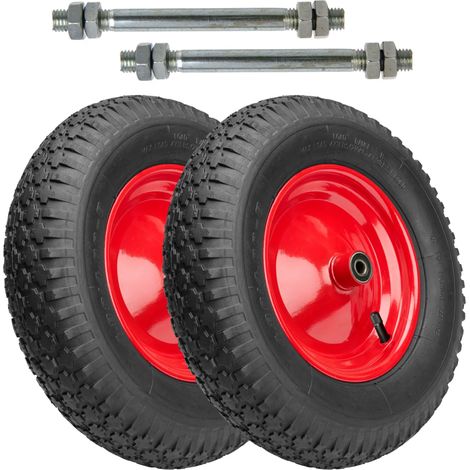 Garronda Roue de brouette 4.80/4.00-8 2PR Ø390x95mm, avec axe, doubles roulements, jante acier, valve auto, moyeu 97mm alésage 12mm, Lot de 2, GD-0163, Noir-Rouge