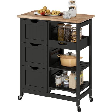 Chariot de cuisine pliable noir pour salon cuisine, desserte roulettes, tiroirs, étagères ouvertes plateau amovible, 85,5 (1/5)