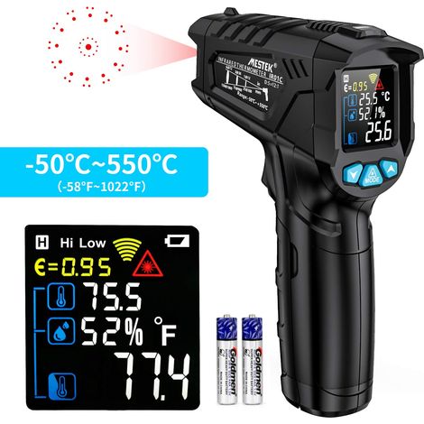 Thermomètre infrarouge laser professionnel sans contact – Plage -50°C à 550°C – Écran LCD rétroéclairé – Alarme d'émissivité réglable – Curconsa