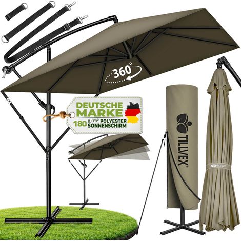 tillvex® Alu Sonnenschirm Rechteckig Ø 330 cm Braun + Abdeckung mit Kurbel  Ampelschirm Eckig mit Ständer & Windschutz  Gartenschirm UV-Schutz Aluminium  Kurbelschirm Marktschirm wasserdicht 360° dreh