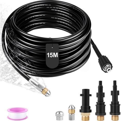 15M Tuyau Déboucheur Canalisation, Tuyau de Nettoyage Haute Pression avec 3 Adaptateurs et 2 Buses Compatible avec Karcher, Lavor
