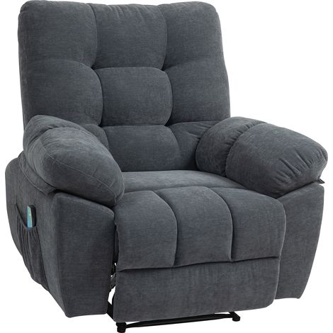 Fauteuil relax massant électrique gris avec vibration, fonction chauffe, inclinaison manuelle et télécommande incluse.