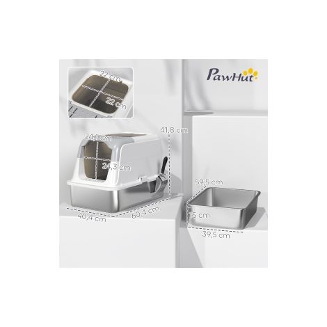 Bac à litière pour chat en inox avec couvercle et pelle, entrée avant et sortie supérieure pour maison, appartement et intérieur (1/5)