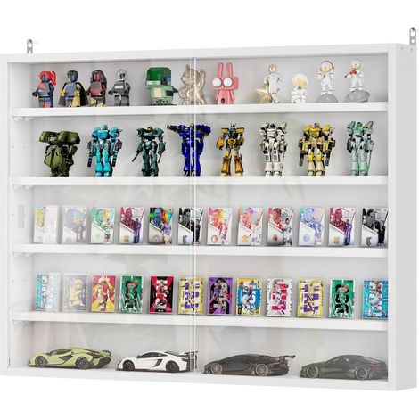 Vitrine murale pour objets de collection 5 étagère réglables en hauteur et 2 portes coulissantes 80 x 9,5 x 60 cm blanc (1/5)