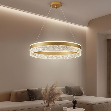 1 Lustre Suspendu LED, Anneaux Acrylique Ø50 Cm, Métal Doré, Hauteur Réglable 100 Cm, Salon Cuisine Salle À Manger