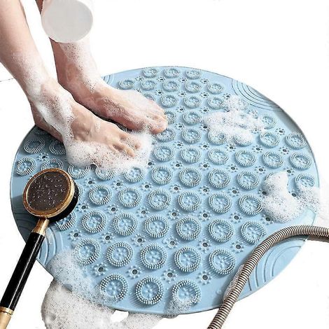 Tapis de bain rond antidérapant, résistant à la moisissure, avec ventouses, en caoutchouc texturé et trou d'évacuation (bleu). (1/5)