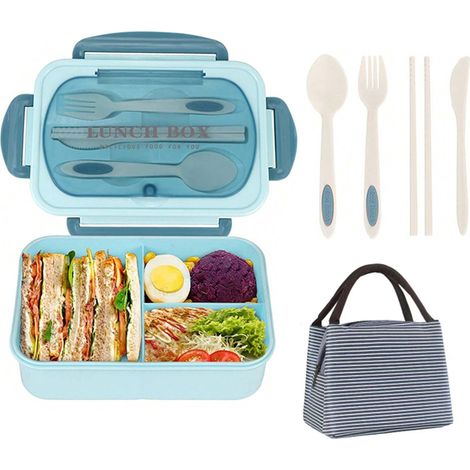 Boîte à lunch pour adulte, 1200 ml, étanche, comprend des couverts, un sac de transport, boîte à lunch à trois compartiments, bleue. (1/5)