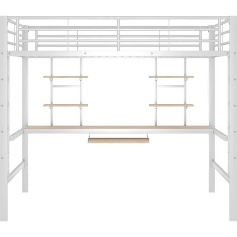 Litera alta 140 x 200 cm de metal blanco con escritorio y 2 estantes (1/5)