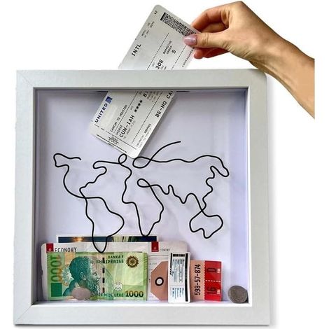 Caja de recuerdos de viaje de 29x29x4,5 cm, de madera y acrílico con ranuras - Caja de recuerdos de vacaciones para billetes de tren (1/5)