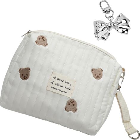 Portable Diaper Bag with Bow Tie, Embroidered Teddy Bear Mummy Bag, Diaper Bags, Mummy Bag with Stroller Hook, for Mom and Baby Travel (1/5)