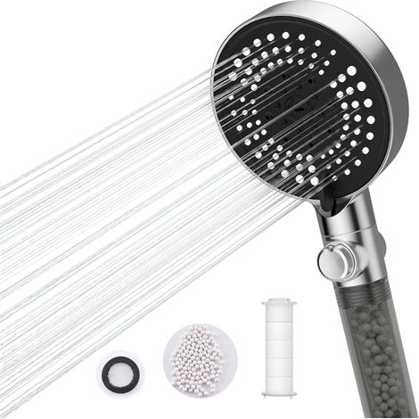 Detbom – Douchette à main 6 jets – Pommeau de douche chromé avec bouton stop – Filtrage anti-calcaire – Installation rapide sur tuyaux standard