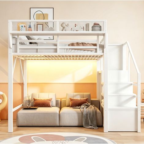 Litera alta 140/200 cm de metal blanco con LED, escalera de seguridad y almacenaje flexible (1/5)