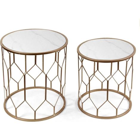 Set aus 2 runden Beistelltischen in Metall mit Marmor-Effekt Ø47x53 und Ø41x46 cm