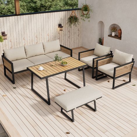 Garten-Essgruppe,Garten Loungesessel Set, 5-tlg. Gartenmöbel Set, 3er Sofa, 2 Sessel, Hocker und Esstisch, Tischplatte aus Kunststoffholz, Armlehnen aus geflochtenem Seil, verzinkter Stahl, Beige