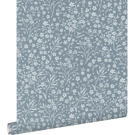 papier peint fleurs bleu gris - ESTAhome