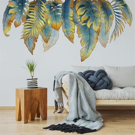 Stickers Muraux à Feuilles Suspendues - Stickers Muraux Vert Vif Et Fleurs Pour Chambre à Coucher, Salon, Canapé, Fond De TéléVision - Papier Peint Facile à Coller (Feuilles Vertes-1) (1/5)