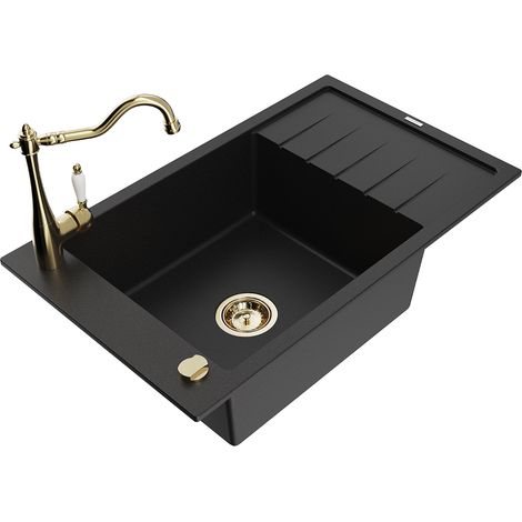 Mexen Elias 1 Becken-Granitspüle mit Abtropffläche und Mischbatterie Carla, Schwarz - 6511-77-670700 (1/5)
