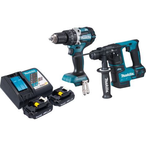 Kit combinado inalámbrico Makita DLX 2278 RY + taladro de percusión DHP 484 54 Nm + taladro percutor DHR 171 1,2 J + 2x batería recargable 1,5 Ah + cargador (1/4)