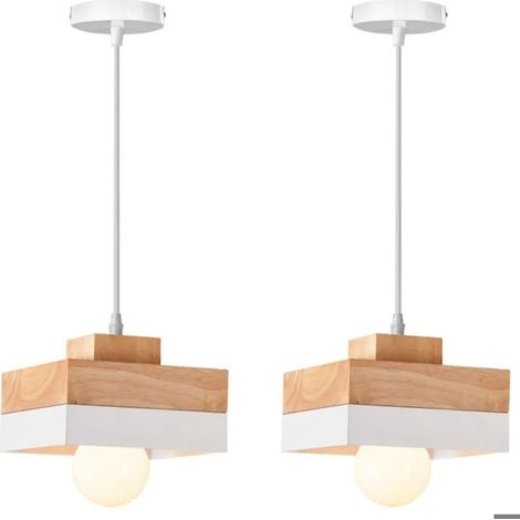 2x Suspension Lustre Moderneen Carre,E27 Lampe de Plafond Vintage Abat-jour en Bois Metal Lustre Suspension Industriel,18x18cm (1/5)