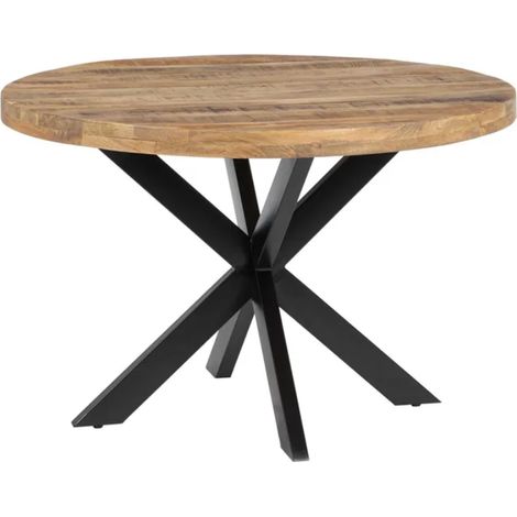 Table à manger ronde 120 cm bois brut et pied noir croisé SÉLÉNIA