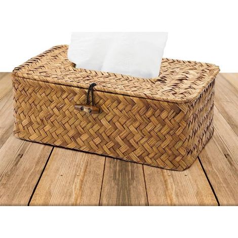 Caja rectangular de pañuelos de junco marino,Soporte para pañuelos cosméticos tejido a mano,23x13x9cm (1/5)