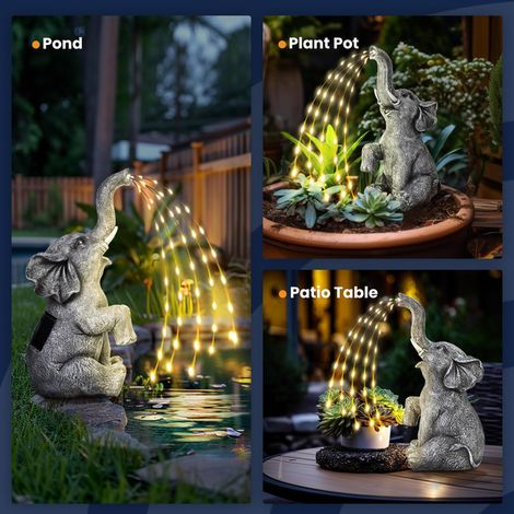 Statue d'Éléphant Solaire Décoration de Jardin Extérieur Lumineuse avec Cascade de Lumières LED Étanche IP65 Figurine en Résine Éclairage Décoratif pour Terrasse Pelouse Cour Balcon