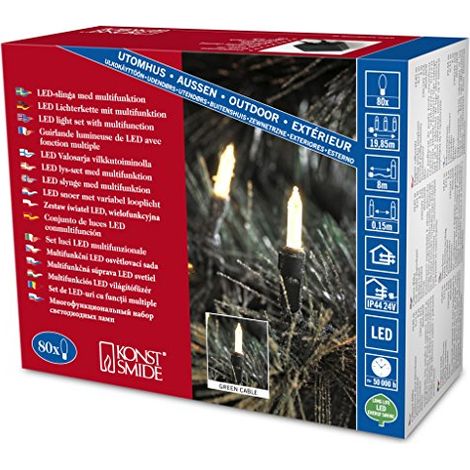 Konstsmide 6021-100 LED Mini catena luminosa con 8 funzioni // VOLANTE dispositivo e funzione memoria/80 diodi a luce bianca calda/24 V trasformatore esterno/cavo verde (1/4)